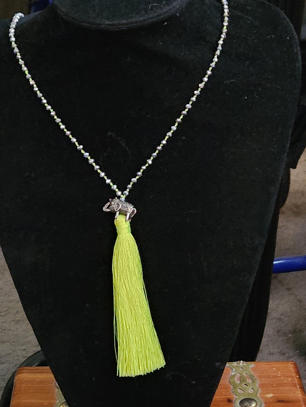 Zacasha Bali Elephant Tassel Necklace Lime Green Silver Beaded Boho Statem